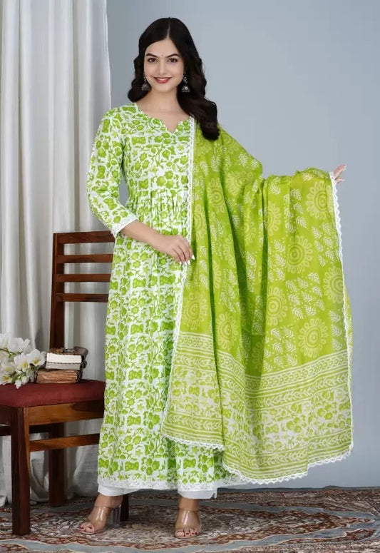 Aunika Women's Cotton Printed Anarkali Kurti And Pant With Dupatta Set