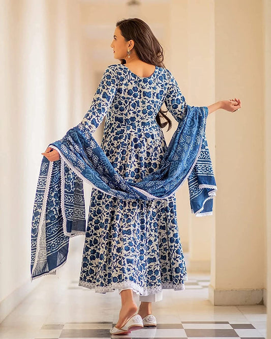 Aunika Women's Cotton Printed Anarkali Kurti And Pant With Dupatta Set