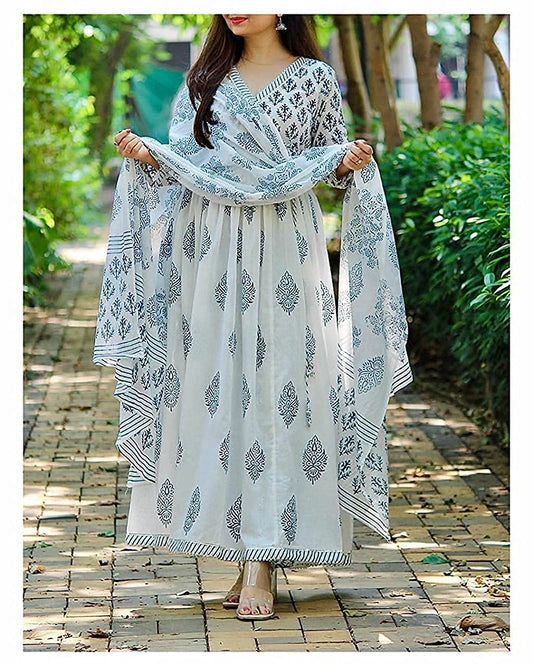 Women Cotton Printed Kurta Pant And Dupatta Set