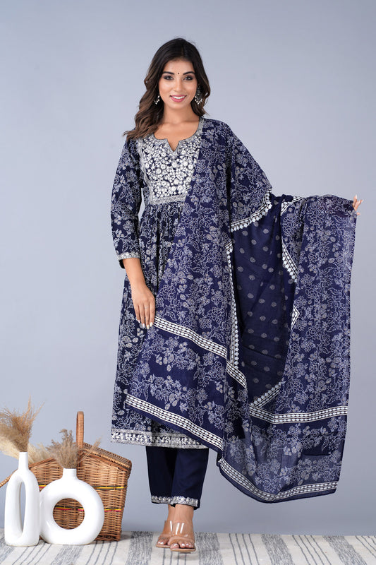 Aunika Women's Rayon Printed & Embroidery Work Naira Cut Kurta And Pant With Dupatta Set