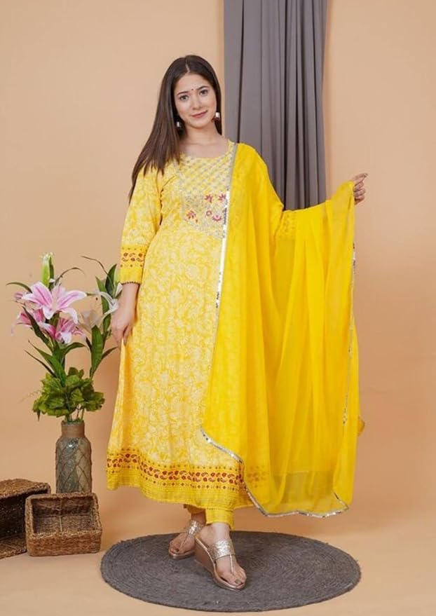 Women's Cotton Printed Anarkali Kurti with Pant and Plain Dupatta Set (Yellow)